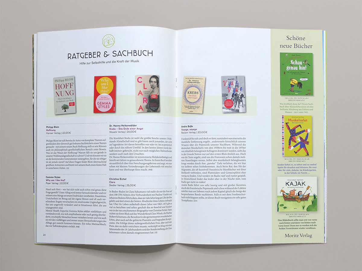 Sachbuch- und Ratgeberempfehlungen mit Buchcovern und Kurzrezensionen im Magazin. Design: Isabel Gewecke