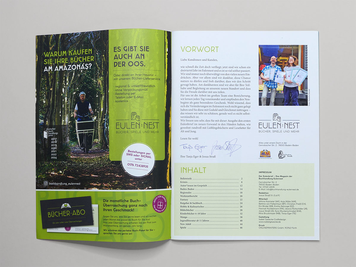 Anzeige, Inhaltsverzeichnis und Grußwort mit Foto und Eulennest-Logo im Magazin. Design: Isabel Gewecke