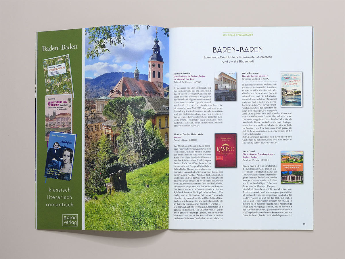 Seite mit Foto, Buchvorstellungen zu Baden-Baden und klassischer Verlagswerbung. Design: Isabel Gewecke