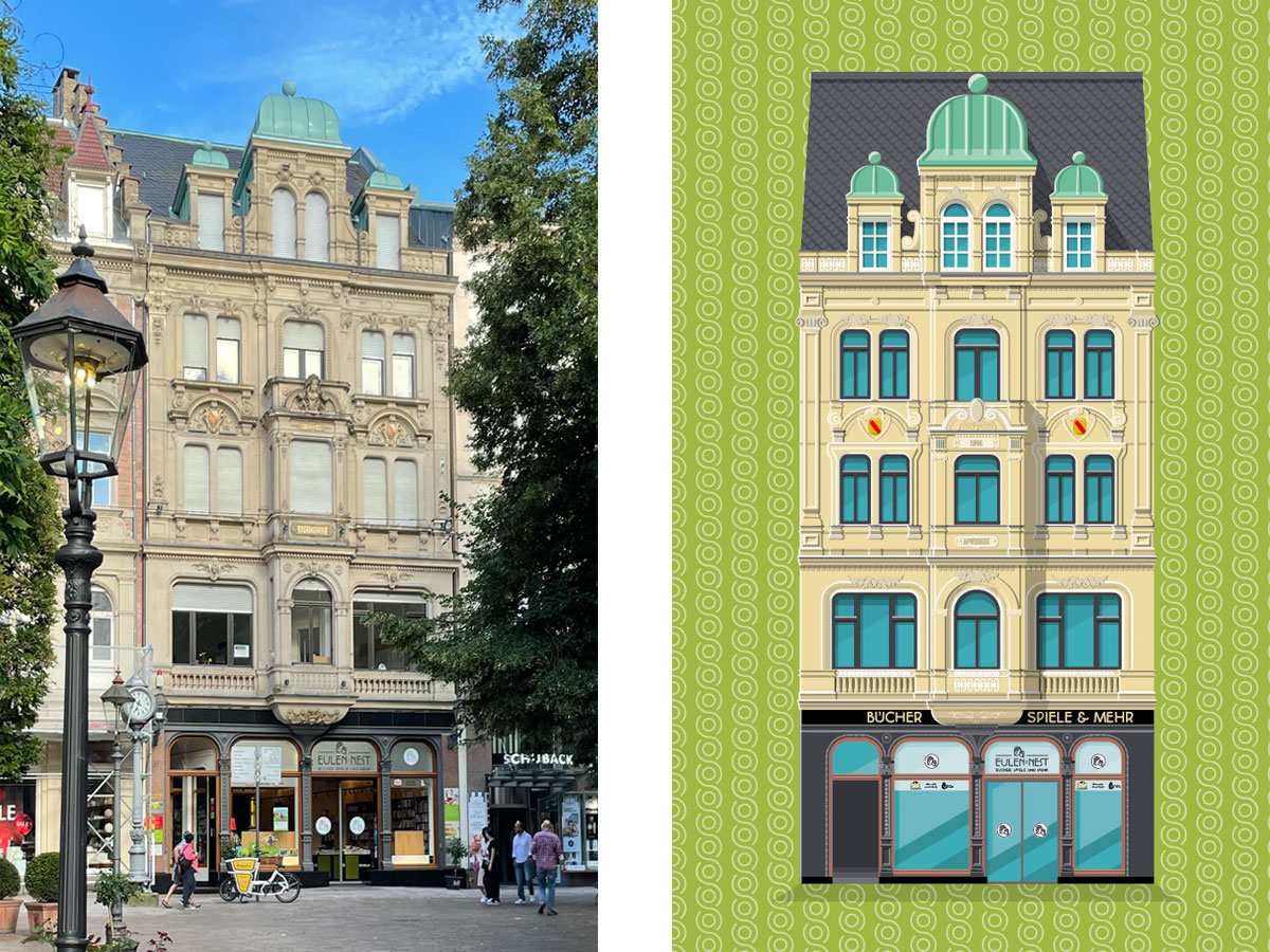 Foto und Illustration: Fassade der Buchhandlung Eulennest Baden-Baden und Architektur-Portrait. Design: Isabel Gewecke