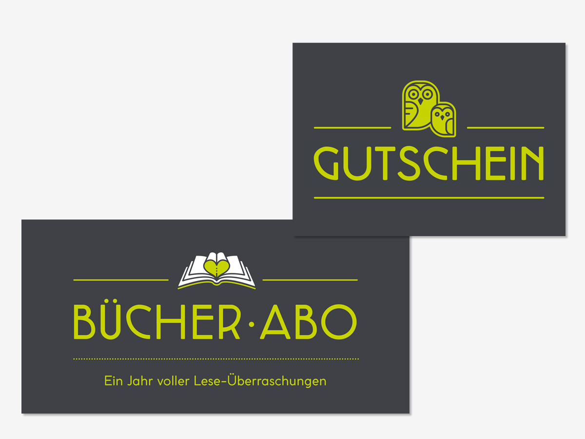 Gutschein und Bücher-Abo des Eulennest in Grau und Grün mit Eulen- und Buchsymbol – Design: Isabel Gewecke.