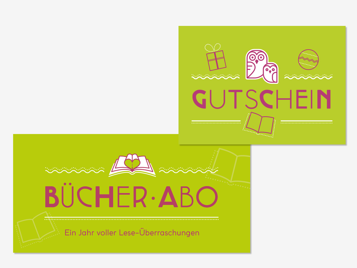 Gutschein und Bücher-Abo des Eulennest in Grau und Pink mit Eulen- und Buchsymbol – Design: Isabel Gewecke.