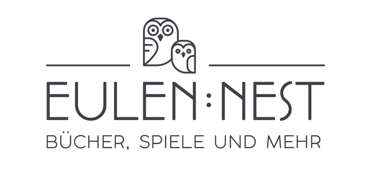 Logo „Eulennest – Bücher, Spiele und mehr“ mit zwei stilisierten Eulen – Design: Isabel Gewecke.