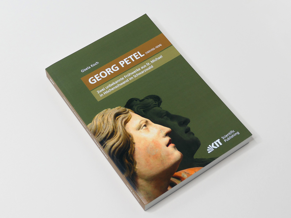 Buchcover „Georg Petel“ in Grün und Orange, mit Skulpturenmotiv und KIT Scientific Publishing-Logo. Design: Isabel Gewecke