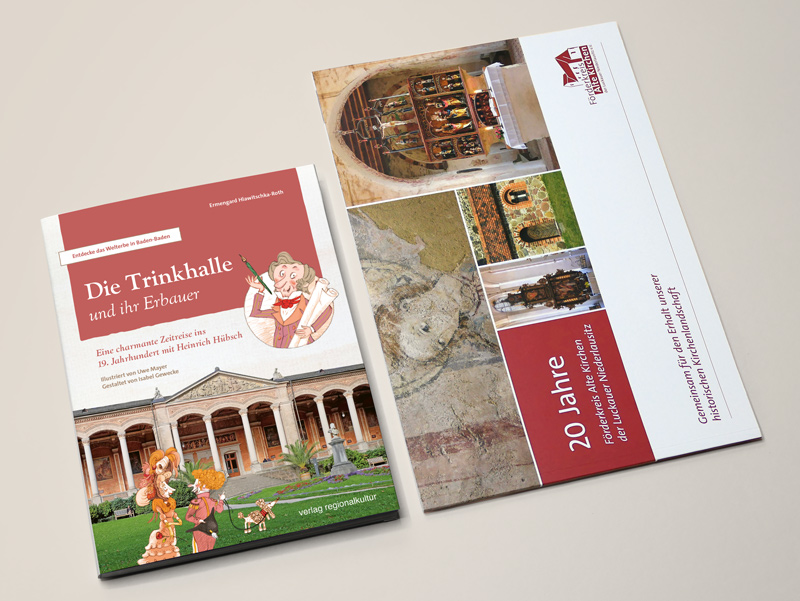 Ein Buch und eine Broschüre zum Thema Kulturerbe – Design: Isabel Gewecke.