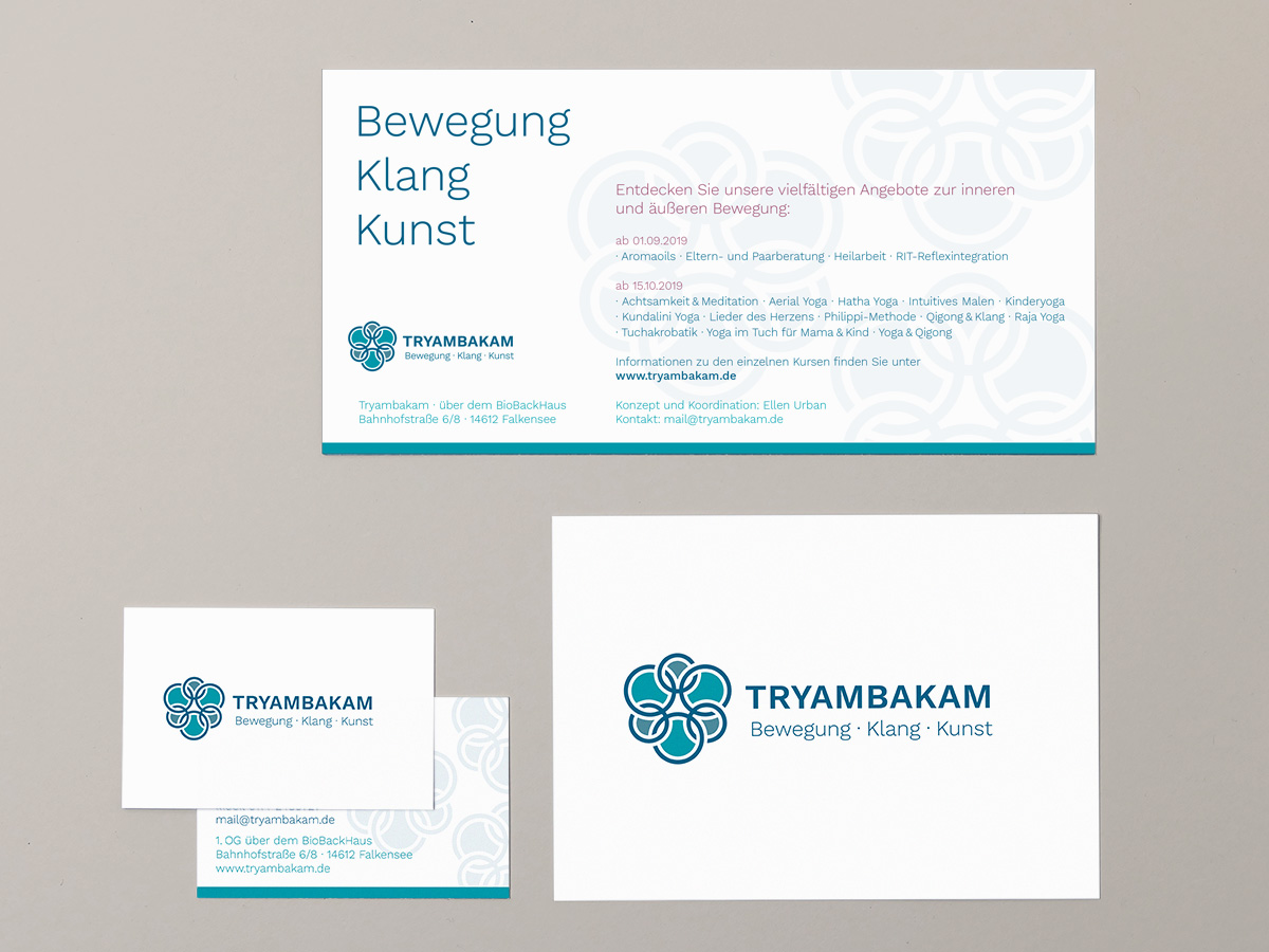 Corporate Design für Tryambakam: Logo, Visitenkarten und Flyer mit geometrischem Symbol. Design: Isabel Gewecke