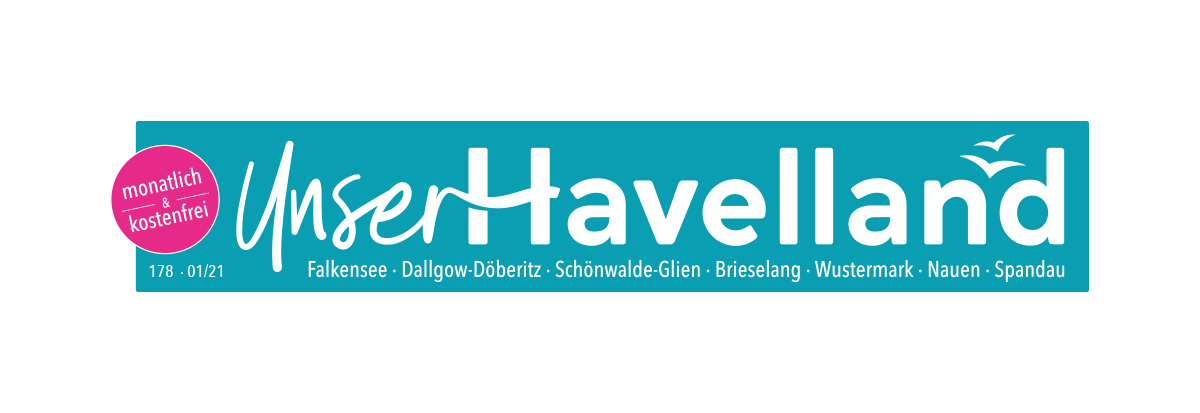Magazintitel „Unser Havelland“ mit welligem Schriftzug und Vogelmotiv auf türkisfarbenem Hintergrund – Design: Isabel Gewecke.
