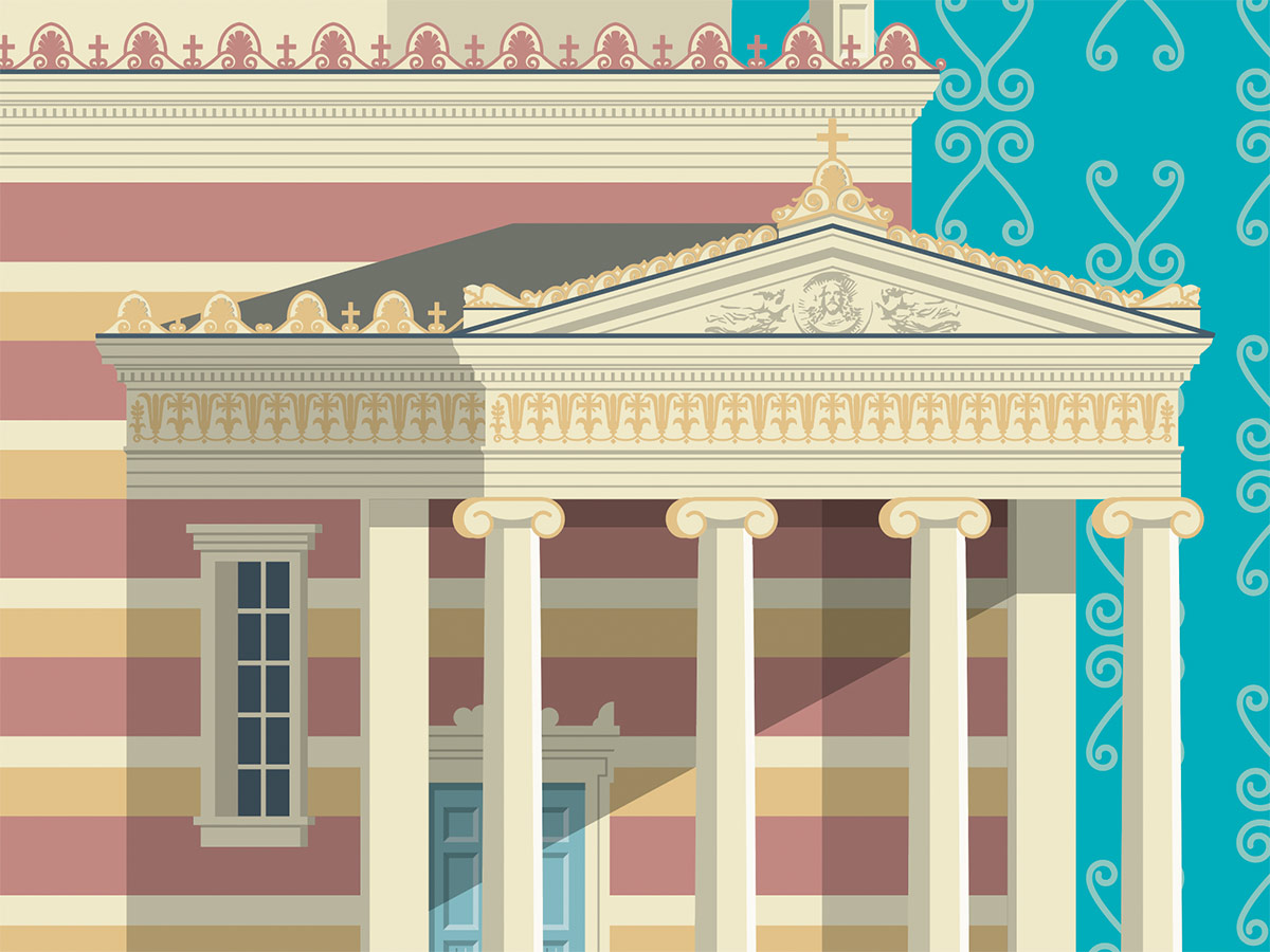 Illustration einer klassizistischen Fassade mit Säulen und Voluten in Pastellfarben – Isabel Gewecke